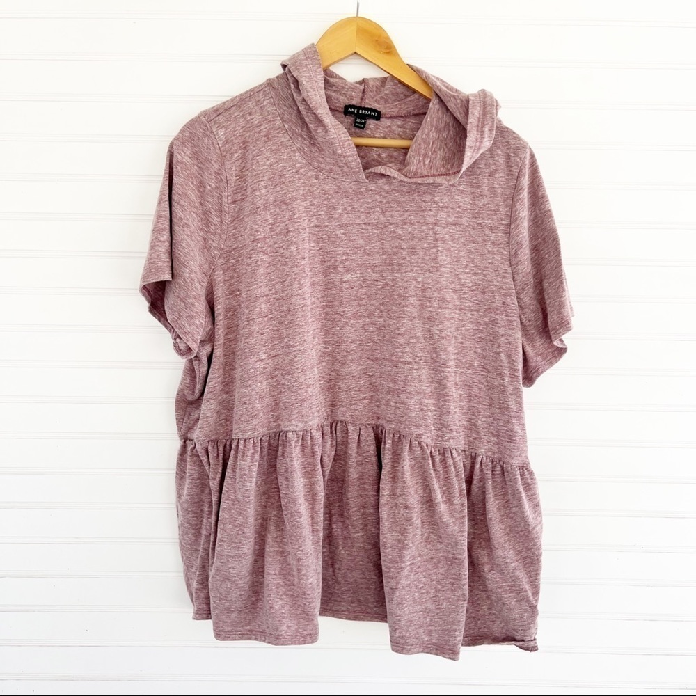 Lane Bryant Hooded Peplum Top 22/24 Mauve Heathered Short Sleeve Knit
